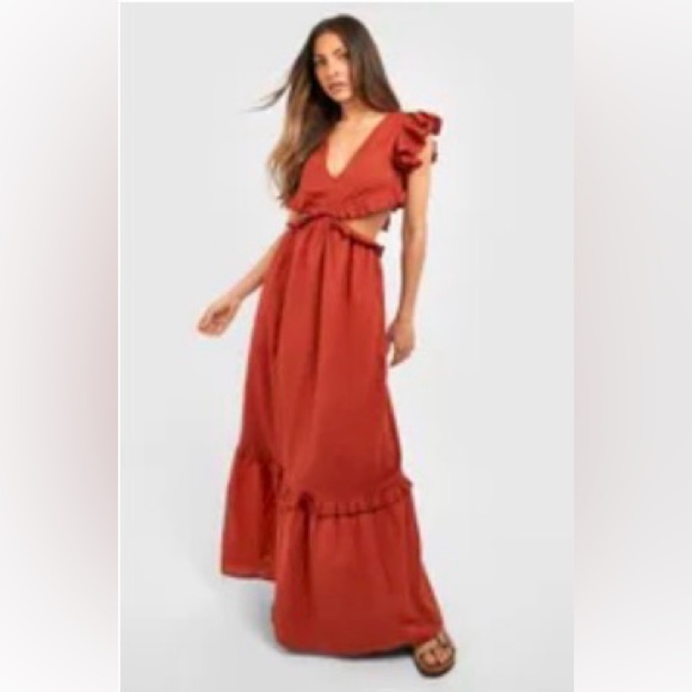 Women's Ruffled Cutout Maxi Dress in Coral Red